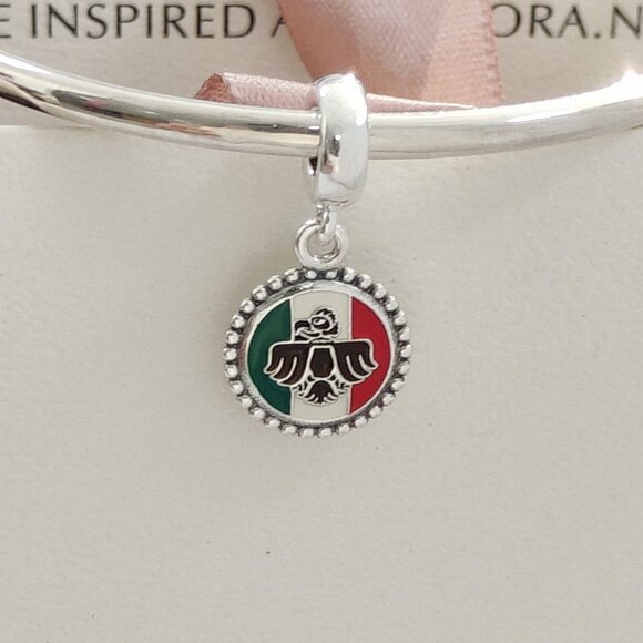 Pandora Engraving Bandera Mexico Aguila Real Dangle Charm Pendant S925 Silver - Picture 1 of 7